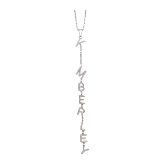 Silver necklace with 'KIMBERLY' pendant on a white background