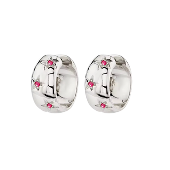Pair of silver hoop earrings with pink gemstones on a white background