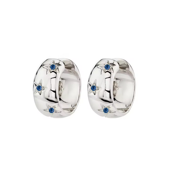 Pair of silver hoop earrings with blue gemstones on a white background