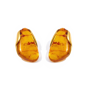 Pair of amber-colored earrings with gold accents on a white background