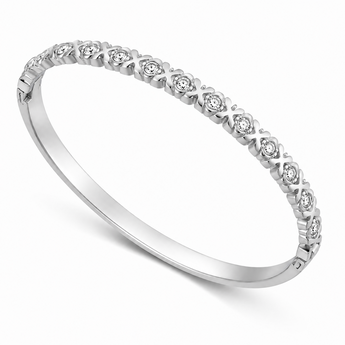 A silver-toned eternity band ring featuring a row of small round-cut clear gemstones set in a textured floral pattern, shown on a clean white background.