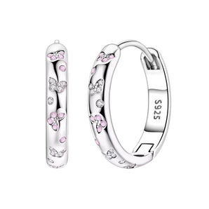 Silver Pink Butterfly Hoops