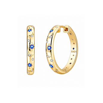 A pair of gold hoop earrings decorated with blue and clear stones, shown on a plain white background. One earring is shown from the side and the other from the front, displaying the 'S925' sterling silver hallmark.