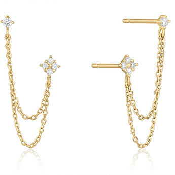 Gold chain earrings with star-shaped top elements on a white background