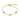 A gold chain bracelet with three flower motifs set with clear stones, shown on a plain white background. A small tag near the clasp reads S.