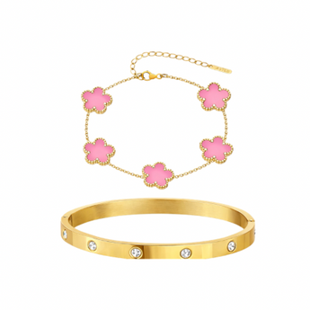 Gold Pink Clover Bracelet and Bangle Set Bracelet waterproof tarnish-free jewellery - Binky Belle