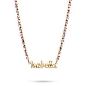 Gold Pink Icy Personalised Name Necklace - Binky Belle waterproof, tarnish-resistant jewellery jewelry with a durable finish, designed for stylish everyday wear.