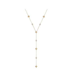 Gold necklace with star-shaped pendants on a white background