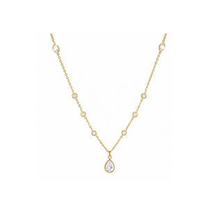 A delicate yellow gold necklace featuring a fine chain with small round bezel-set clear stones leading to a teardrop-shaped pendant, shown on a plain white background.