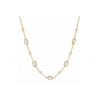 A delicate gold chain necklace featuring multiple bezel-set clear marquise and oval gemstones, displayed against a solid white background.