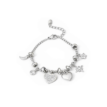 Silver bracelet with various charms on a white background