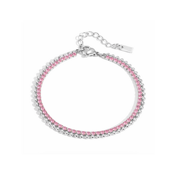 Silver bracelet with pink beads on a white background