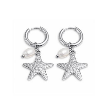 Pair of silver hoop earrings with starfish and pearl charms on a white background