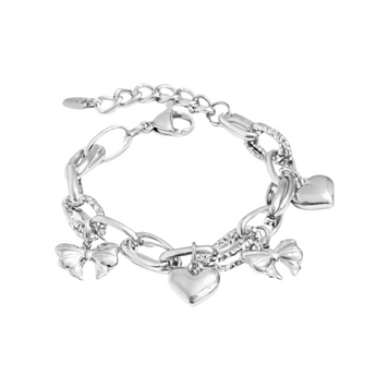 Silver charm bracelet placed on a white background