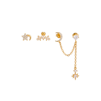 Set of gold earrings on a white background