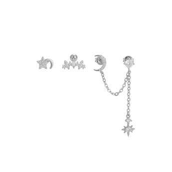 Set of silver earrings including star, moon, and chain designs on a white background