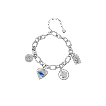 Silver charm bracelet with various charms on a white background