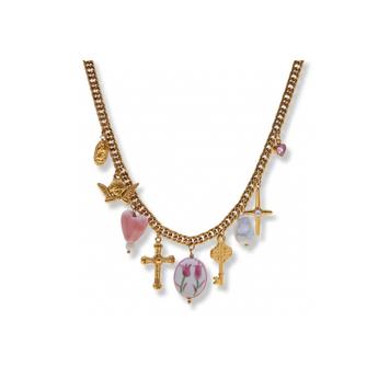 Gold necklace with various charms on a white background