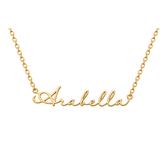 A gold nameplate necklace spelling 'Arabella' in cursive script, suspended from a delicate gold chain on a plain white background.