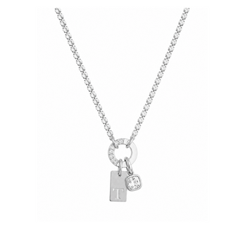 A silver box chain necklace featuring a circular charm set with small clear stones, a rectangular initial 'T' charm, and a small round crystal pendant, shown on a plain white background.