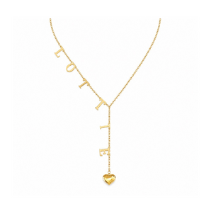 A gold Y-necklace featuring the word 'LOVE' spelled out in dangling letter charms, with a polished gold heart pendant at the bottom, shown on a plain white background.
