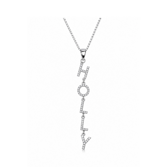 A silver-toned pendant necklace spelling 'HOLLY' with clear stones, suspended from a matching chain on a plain white background.