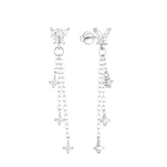 Silver Butterfly Long Chain Studs Earrings waterproof tarnish-free jewellery - Binky Belle