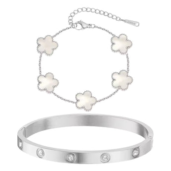 Silver Marble Clover Bracelet and Bangle Set Bracelet waterproof tarnish-free jewellery - Binky Belle