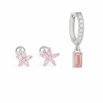 Silver Pink Rectangular Huggies and Studs Trio Earrings waterproof tarnish-free jewellery - Binky Belle