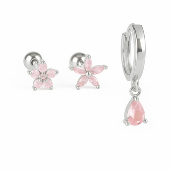 Silver Pink Teardrop Stud and Huggie Trio Earrings waterproof tarnish-free jewellery - Binky Belle