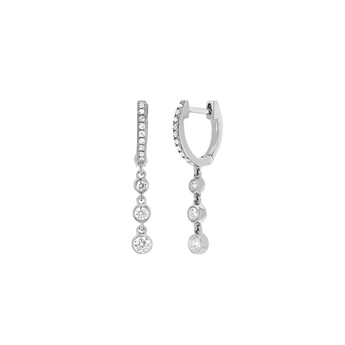 Pair of silver earrings featuring 3 hanging crystals placed on a white background