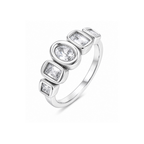 Silver ring with three clear gemstones on a white background