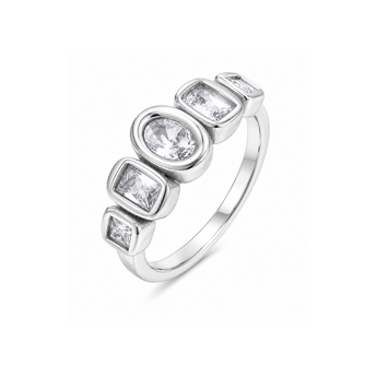 Silver ring with three clear gemstones on a white background