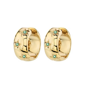 Gold hoop earrings with green gemstones on a white background