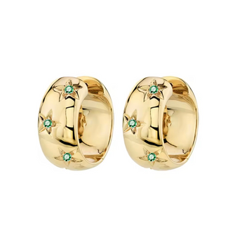Gold hoop earrings with green gemstones on a white background