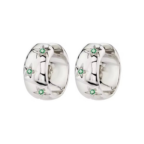 Silver earrings with sage gemstones placed on a white background