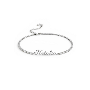 Silver bracelet with 'Natalia' engraving on a white background