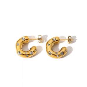 Gold Crystal Thick Hoop Studs