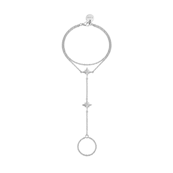 Silver bracelet with star and circle designs on a white background