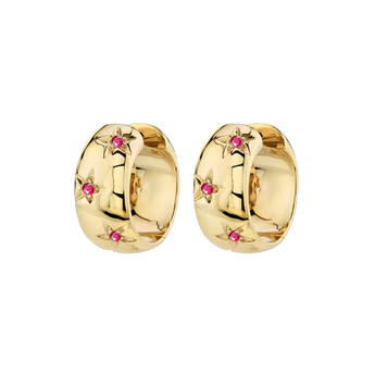 Gold hoop earrings with pink gemstones on a white background