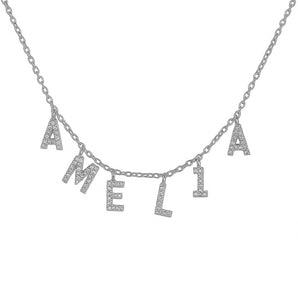 Silver custom name necklace with crystal-encrusted AMELIA letter charms on chain
