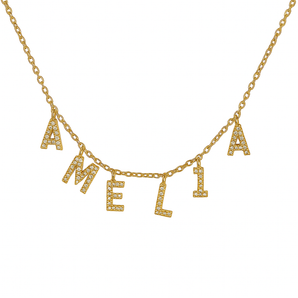 Gold custom name necklace with crystal-studded AMELIA letter charms on chain