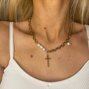 Gold Pearl and Cross Necklace