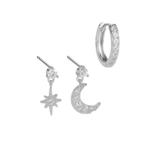 Silver Moon and Star Studs and Hoops