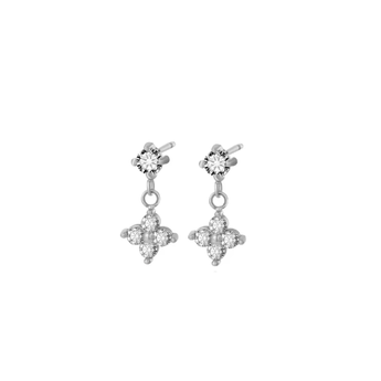 Pair of silver earrings with floral designs and clear stones on a white background