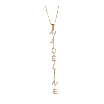 Gold personalised necklace with 'MADELINE' pendant on a white background