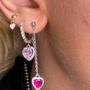 Silver Pink Chain Heart Studs