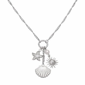 Silver necklace with star, shell, and sun charms on a white background