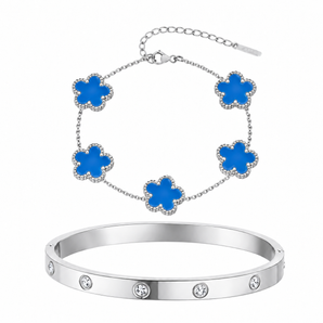 Silver Blue Clover Bracelet and Bangle Set