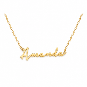 A gold nameplate necklace spelling 'Amanda' in cursive script, suspended from a delicate gold chain against a plain white background.